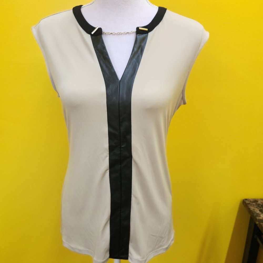 Calvin Klein Women's Sleeveless Top Size Small w/Faux Leather Trim Black Tan